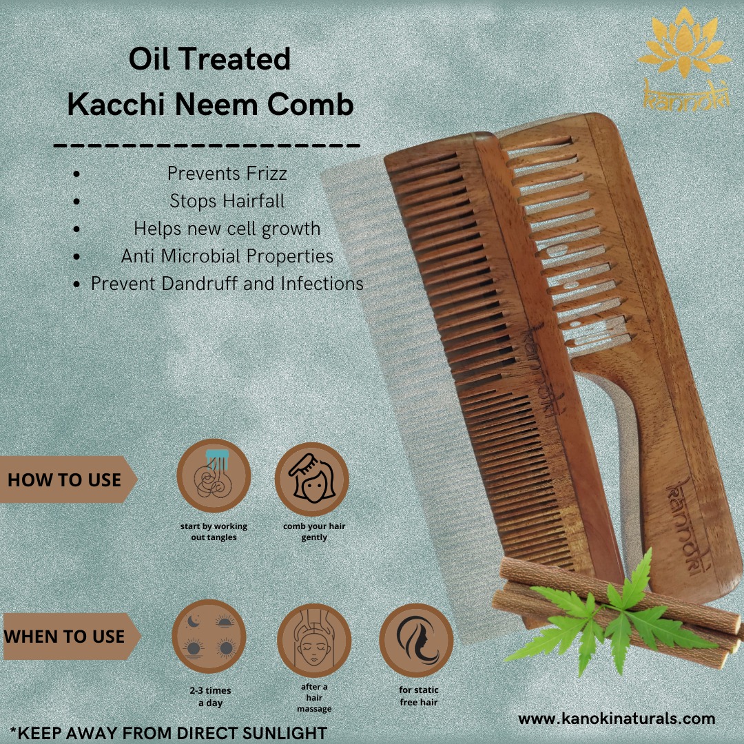 Oil Treated Kacchi Neem Comb Combo - All Purpose & With Handle